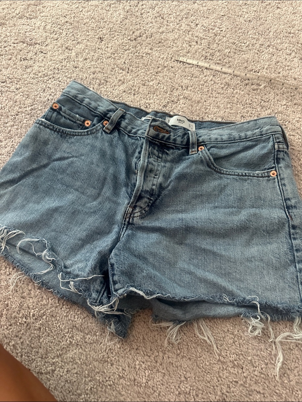 Mango Hailey Washed Blue Frayed Denim Shorts